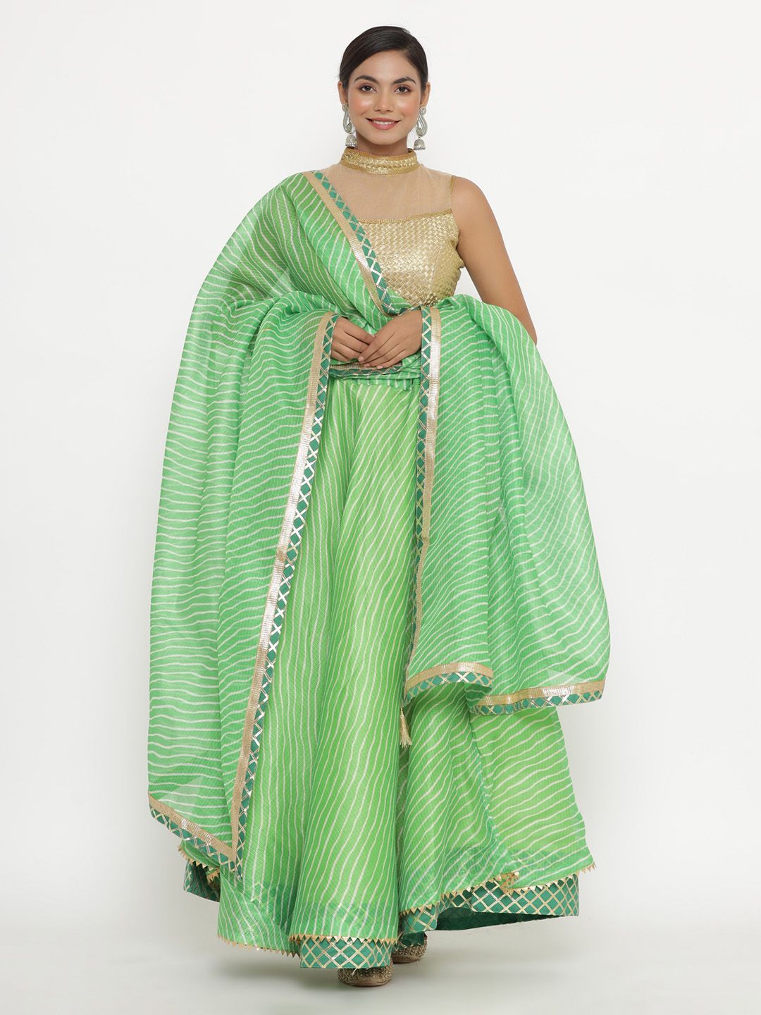 Kesarya Green & Gold-Toned Embellished Ready to Wear Lehenga & Unstitched Blouse With Dupatta Price in India