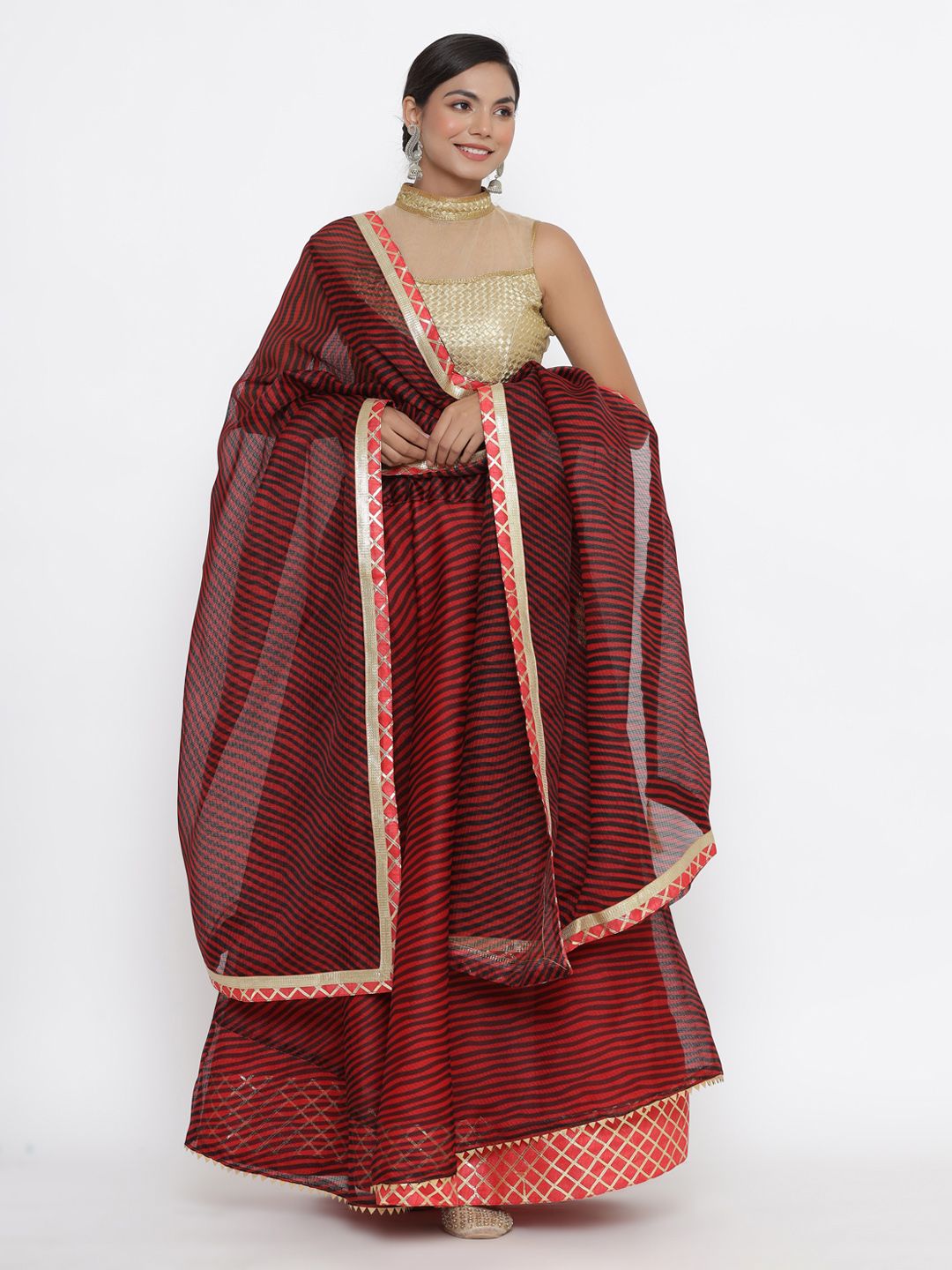 Kesarya Maroon & Gold-Toned Semi-Stitched Lehenga & Unstitched Blouse With Dupatta Price in India