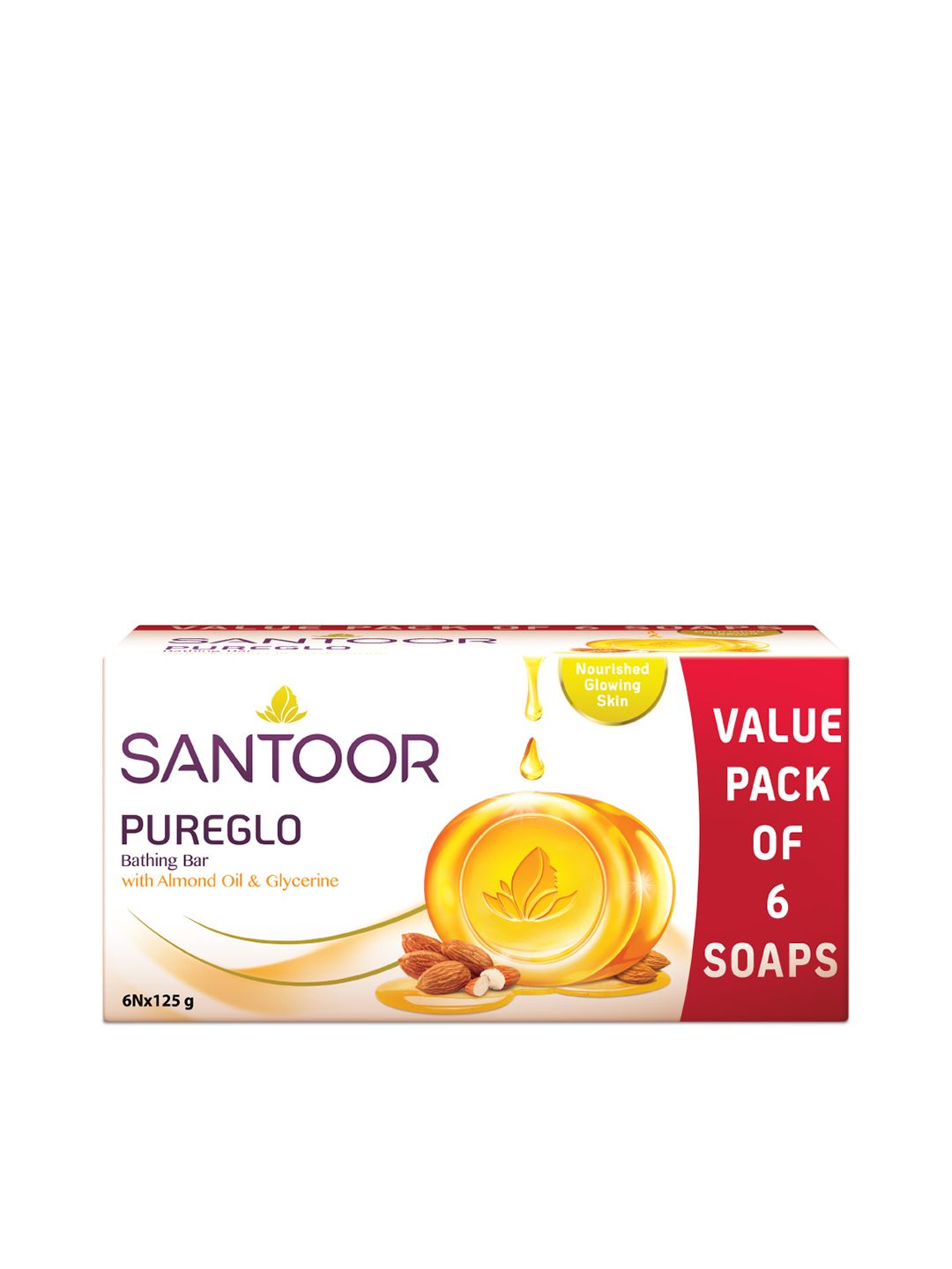 Santoor Set of 6 PureGlo Bathing Bar with Almond Oil & Glycerin - 125 g Each