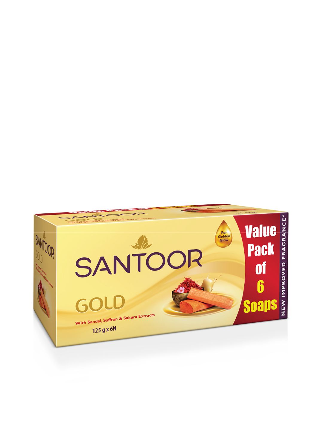 Santoor Set of 6 Gold Soaps with Sandal & Saffron Extracts - 125g each