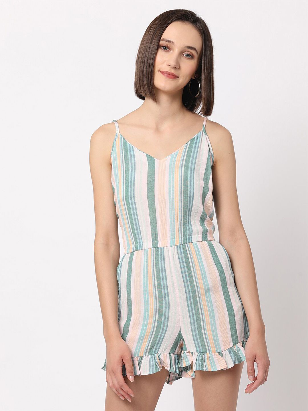 VASTRADO Women Green & Blue Striped with Ruffles Cotton Jumpsuit Price in India