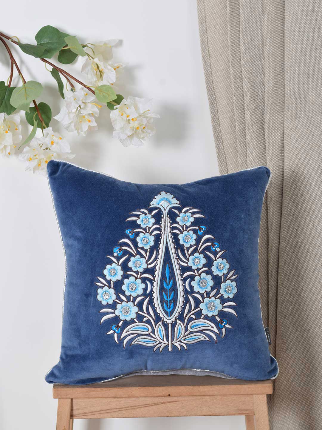 BLANC9 Blue & White Ethnic Motifs Embroidered Square Cushion Covers Price in India