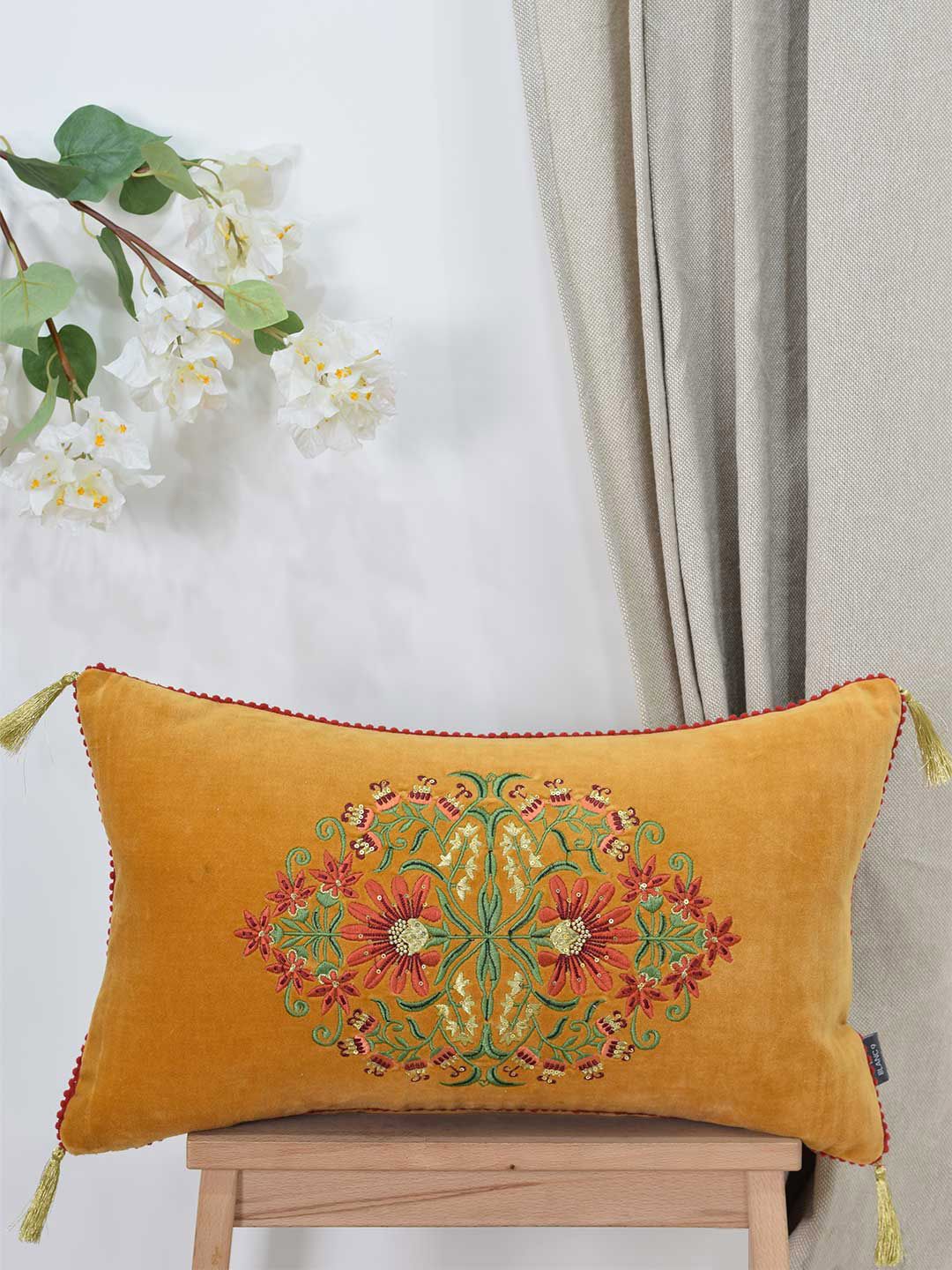 BLANC9 Yellow & Green 12" X 20" Floral Embroidered Rectangle Cotton Cushion Covers Price in India