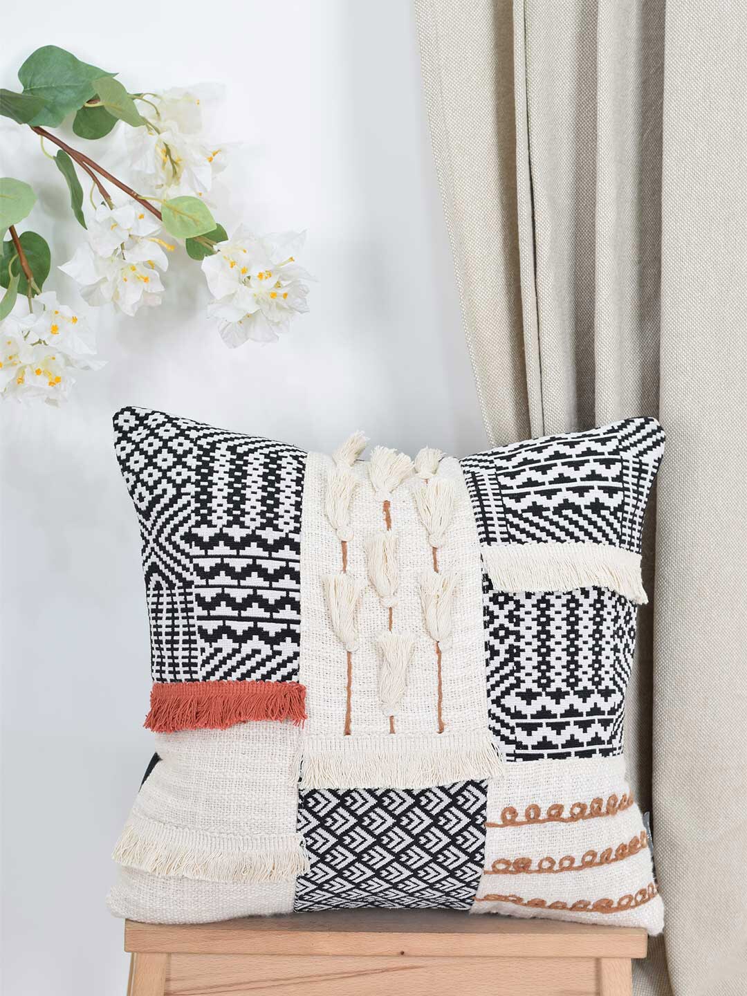 BLANC9 Black & White Embroidered Square Cushion Covers Price in India