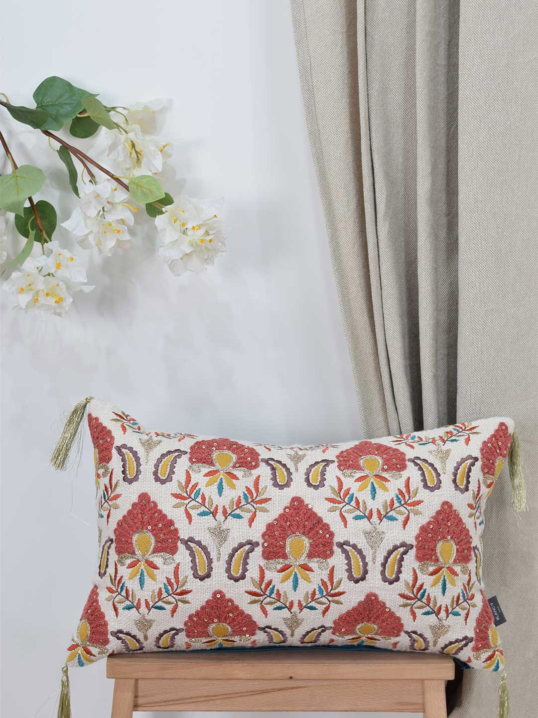 BLANC9 White & Orange Floral Rectangle Cushion Covers Price in India