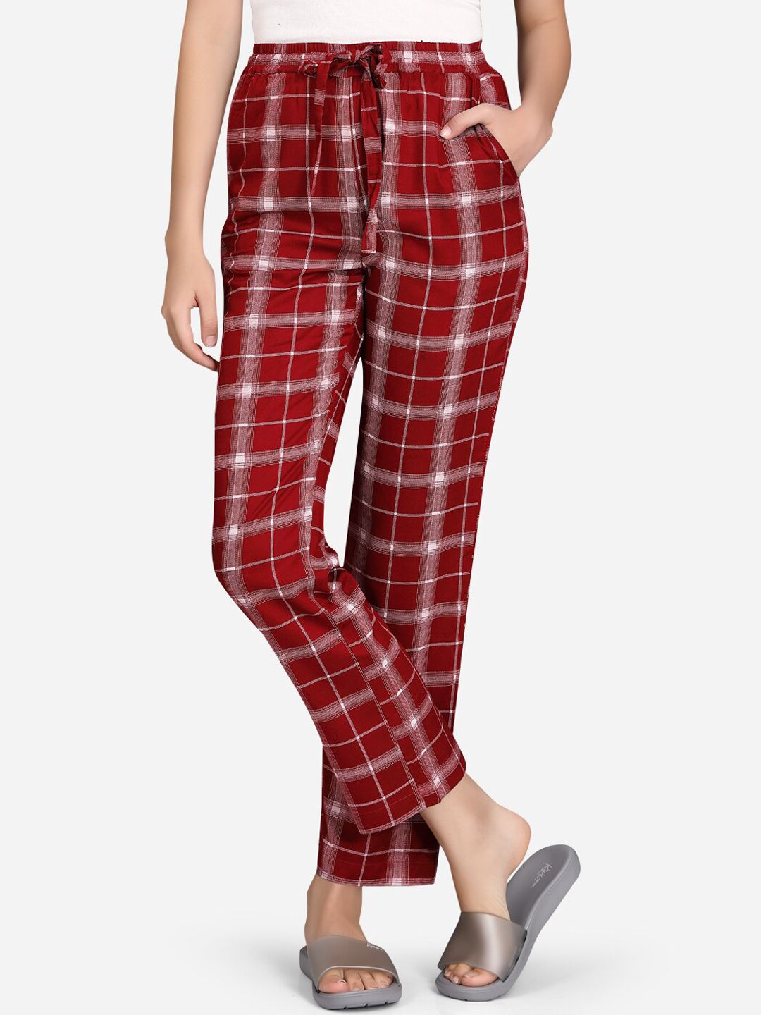 VASTRADO Women Maroon & White Checked Cotton Lounge Pants Price in India