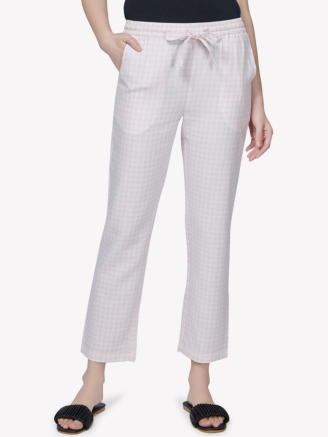 VASTRADO Women Pink & White Checked Cotton Lounge Pants Price in India