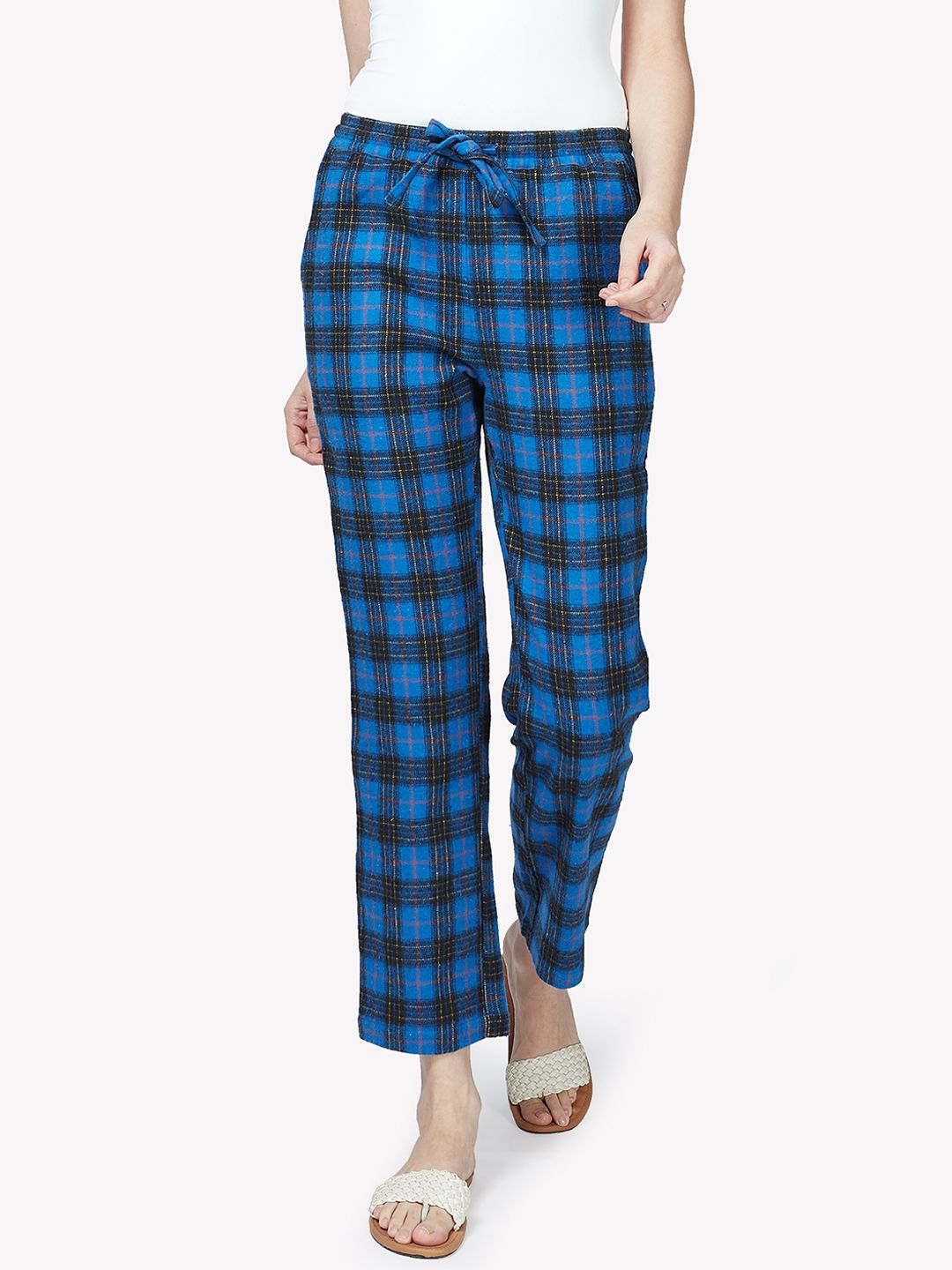 VASTRADO Women Blue & Black Checked Cotton Lounge Pants Price in India