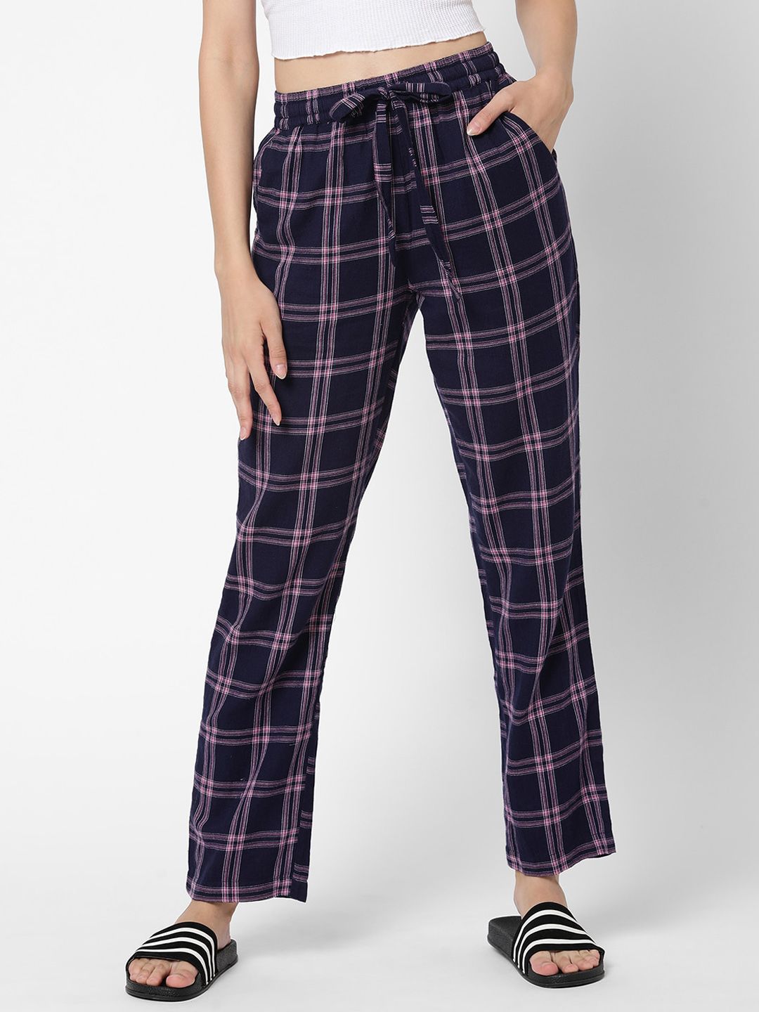 VASTRADO Navy Blue Checked Cotton Lounge Pants Price in India