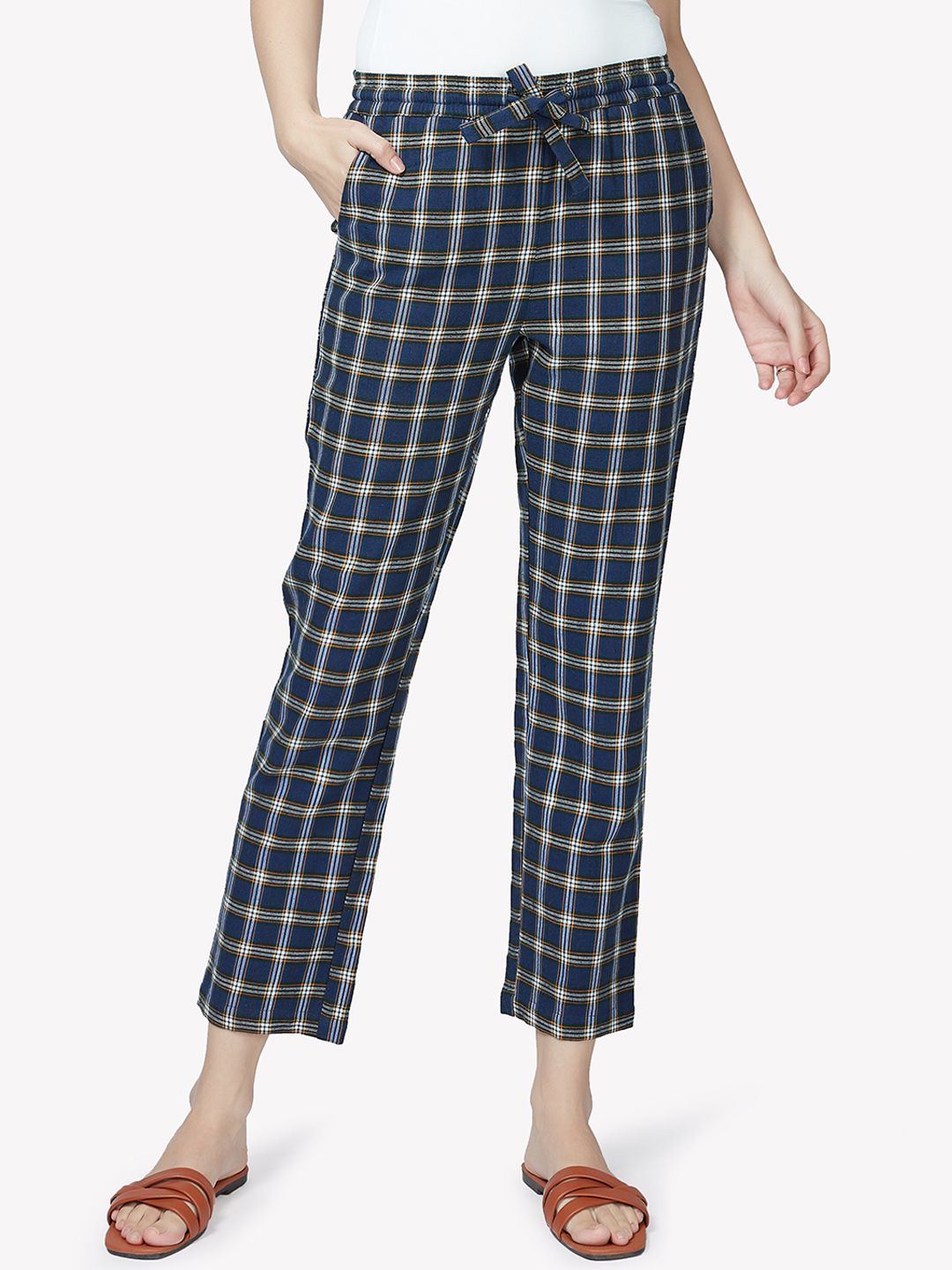 VASTRADO Women Navy Blue & White Checked Cotton Lounge Pants Price in India