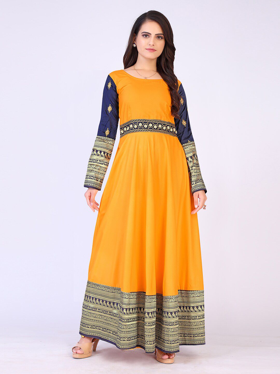 PRENEA Yellow & Navy Blue Ethnic Motifs Jacquard Ethnic Maxi Dress Price in India