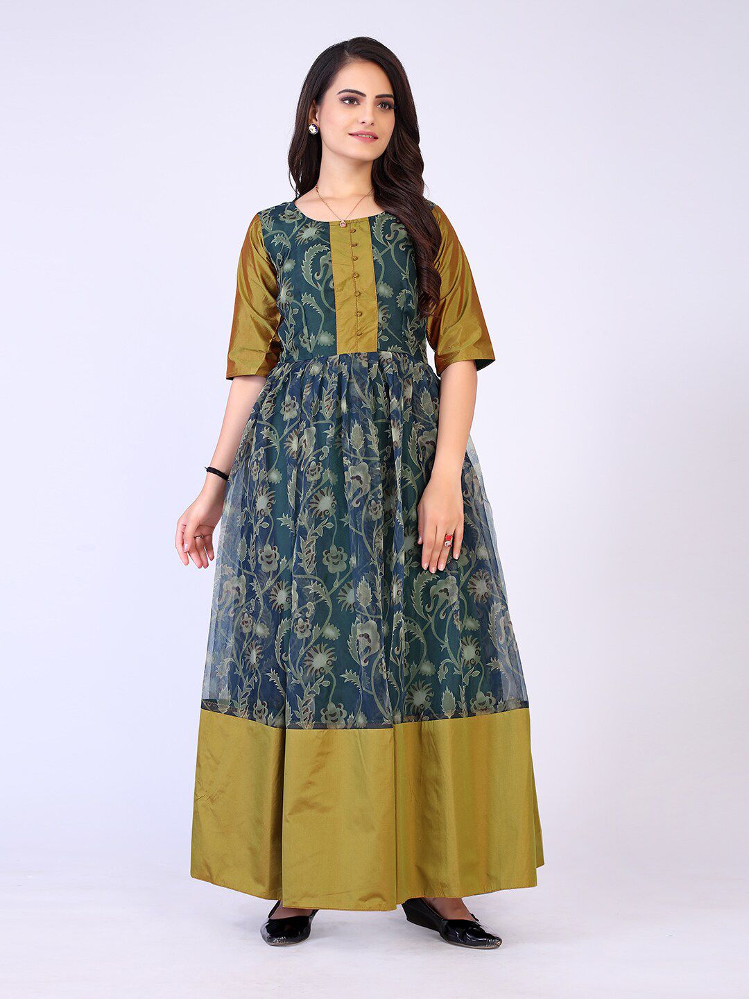 PRENEA Women Green Floral Jacquard Maxi Dress Price in India