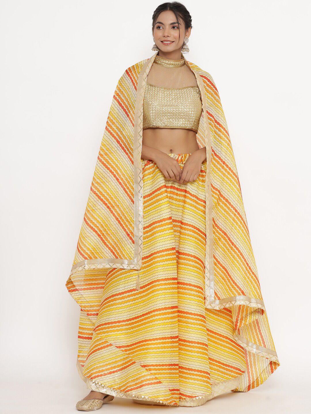 Kesarya Women Yellow Printed Ready to Wear Cotton Lehenga & Unstitched Choli With Dupatta Price in India