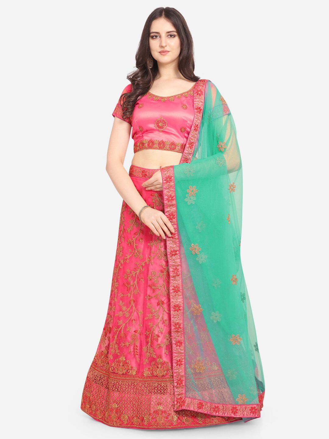 VRSALES Pink & Green Embroidered Semi-Stitched Lehenga & Unstitched Blouse With Dupatta Price in India