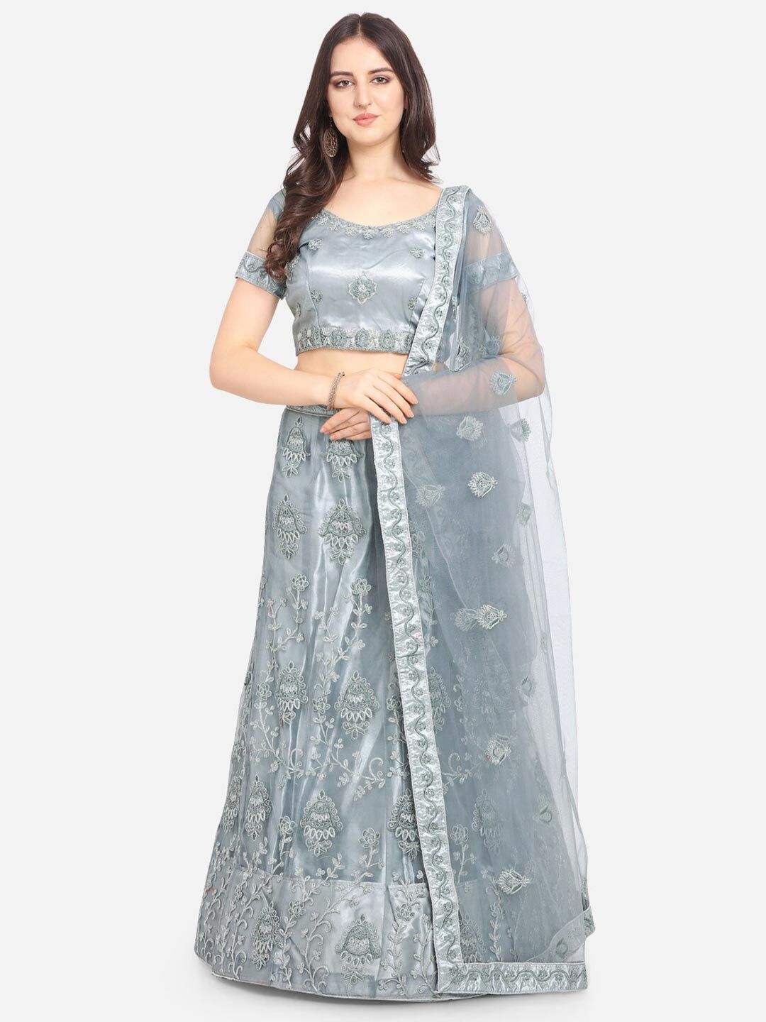 VRSALES Grey & Silver-Toned Semi-Stitched Lehenga & Unstitched Blouse With Dupatta Price in India