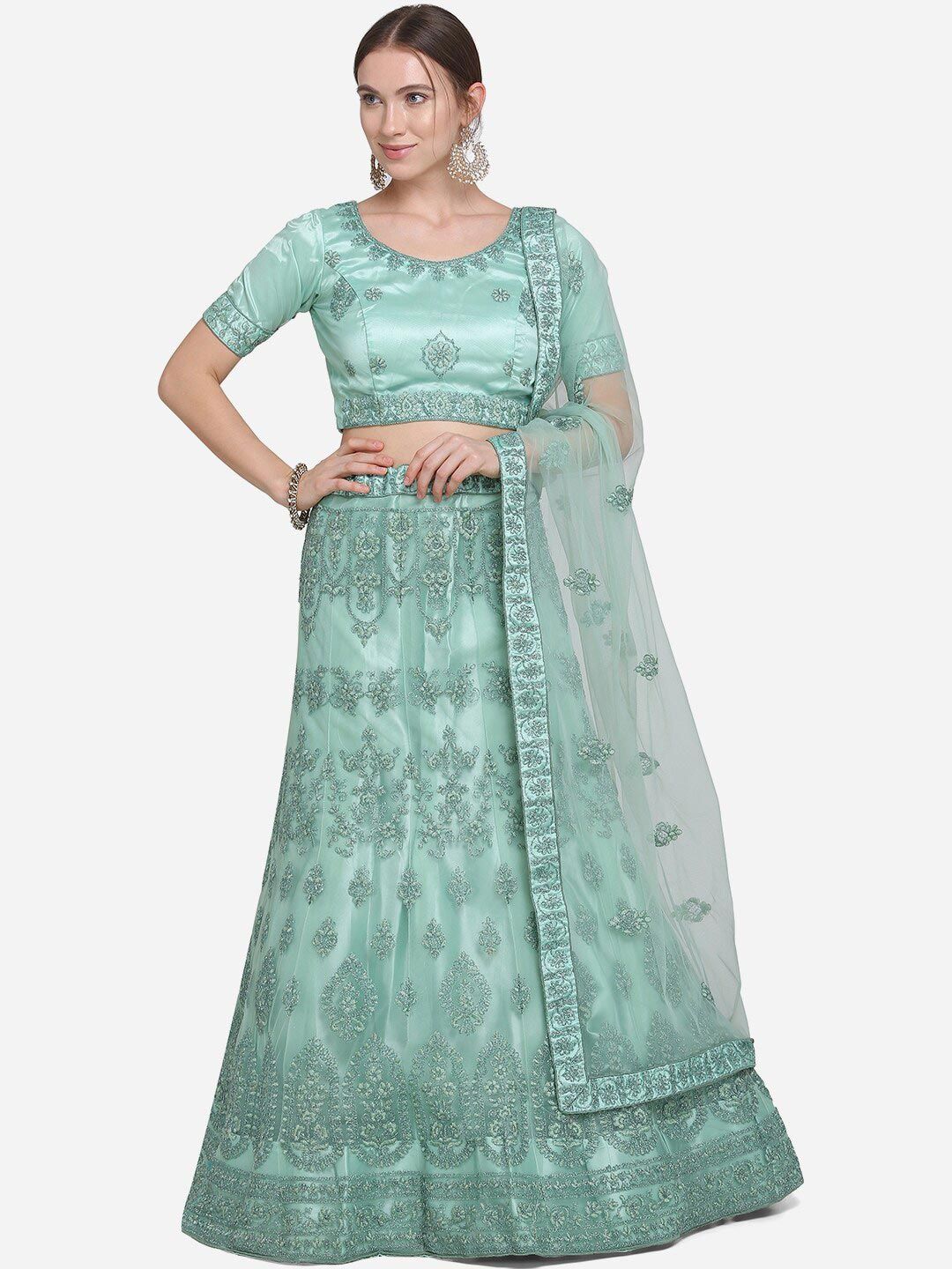 VRSALES Sea Green Embroidered Semi-Stitched Lehenga & Unstitched Blouse With Dupatta Price in India