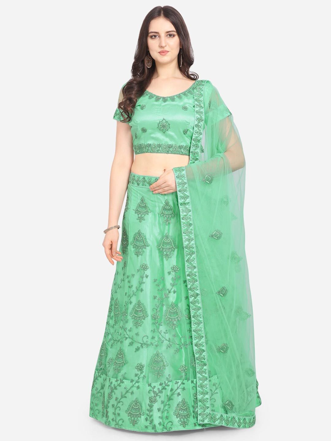 VRSALES Sea Green Embellished Semi-Stitched Lehenga & Unstitched Blouse With Dupatta Price in India