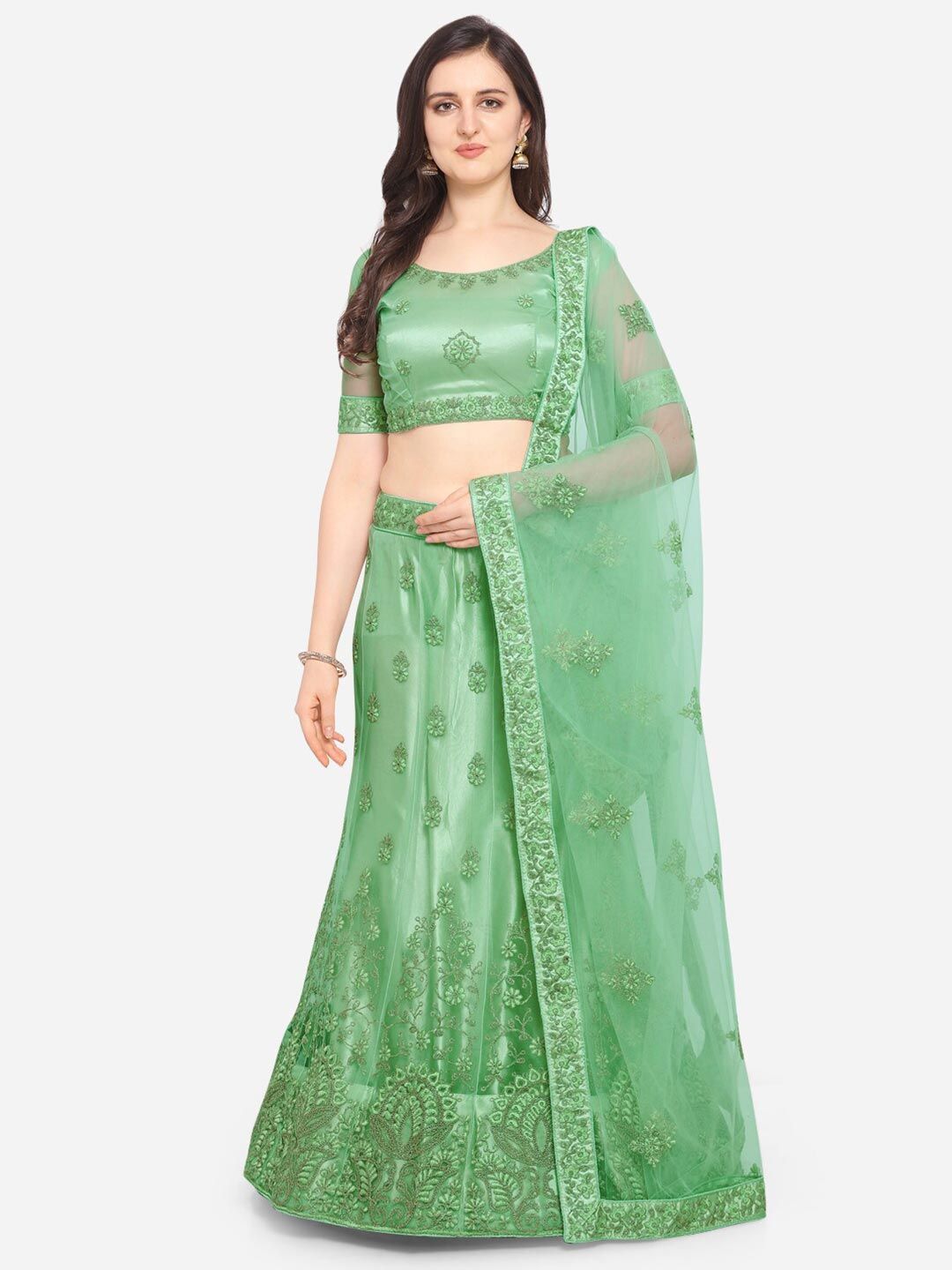 VRSALES Green Embroidered Semi-Stitched Lehenga & Unstitched Blouse With Dupatta Price in India