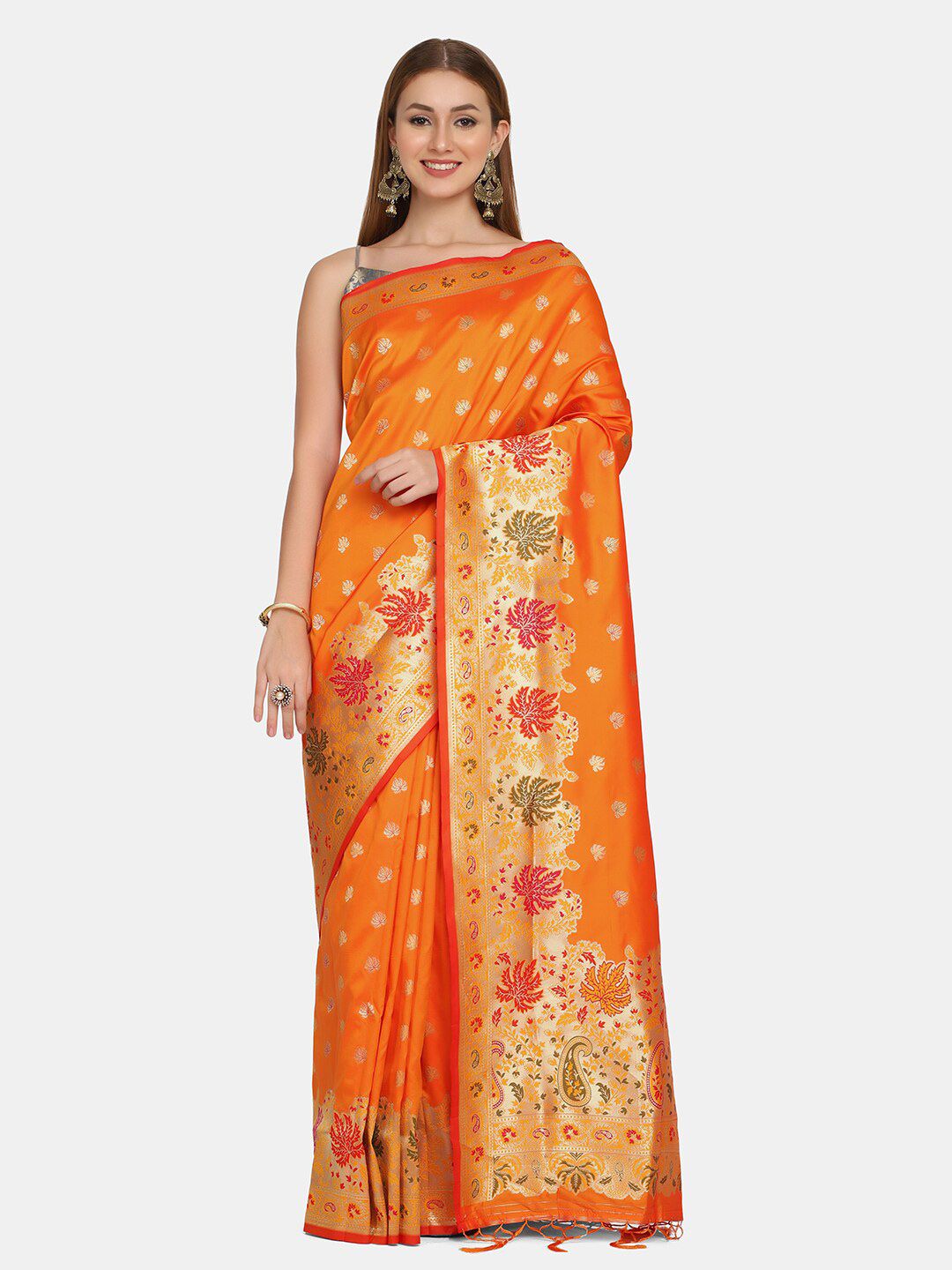 BOMBAY SELECTIONS Orange Ethnic Motifs Zari Pure Silk Banarasi Saree Price in India