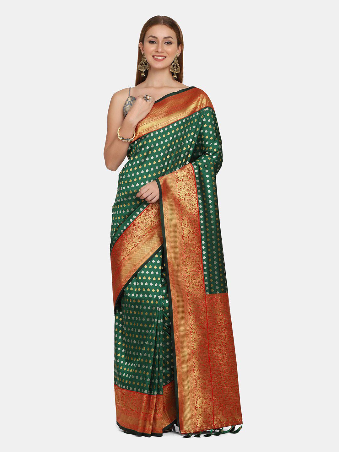 BOMBAY SELECTIONS Green & Gold-Toned Woven Design Zari Pure Silk Banarasi Saree Price in India