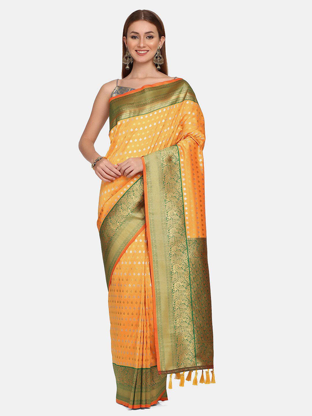 BOMBAY SELECTIONS Yellow & Green Woven Design Zari Pure Silk Banarasi Saree Price in India