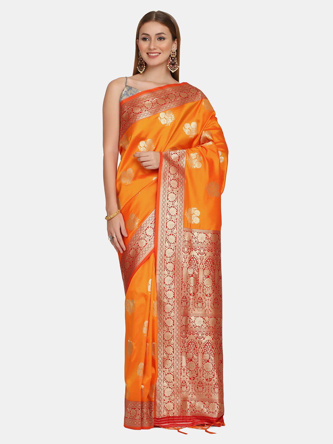 BOMBAY SELECTIONS Orange & Red Woven Design Zari Pure Silk Banarasi Saree Price in India