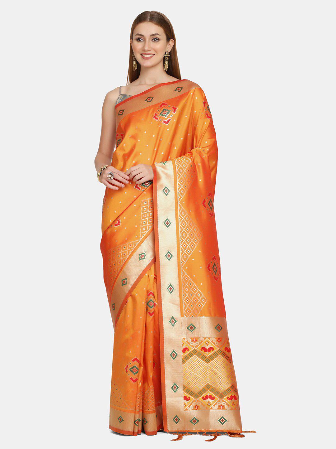 BOMBAY SELECTIONS Yellow & Red Woven Design Zari Pure Silk Banarasi Saree Price in India
