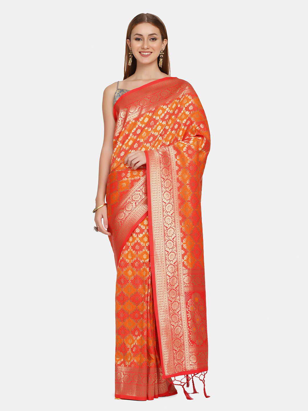 BOMBAY SELECTIONS Orange & Gold-Toned Woven Design Zari Pure Silk Banarasi Saree Price in India