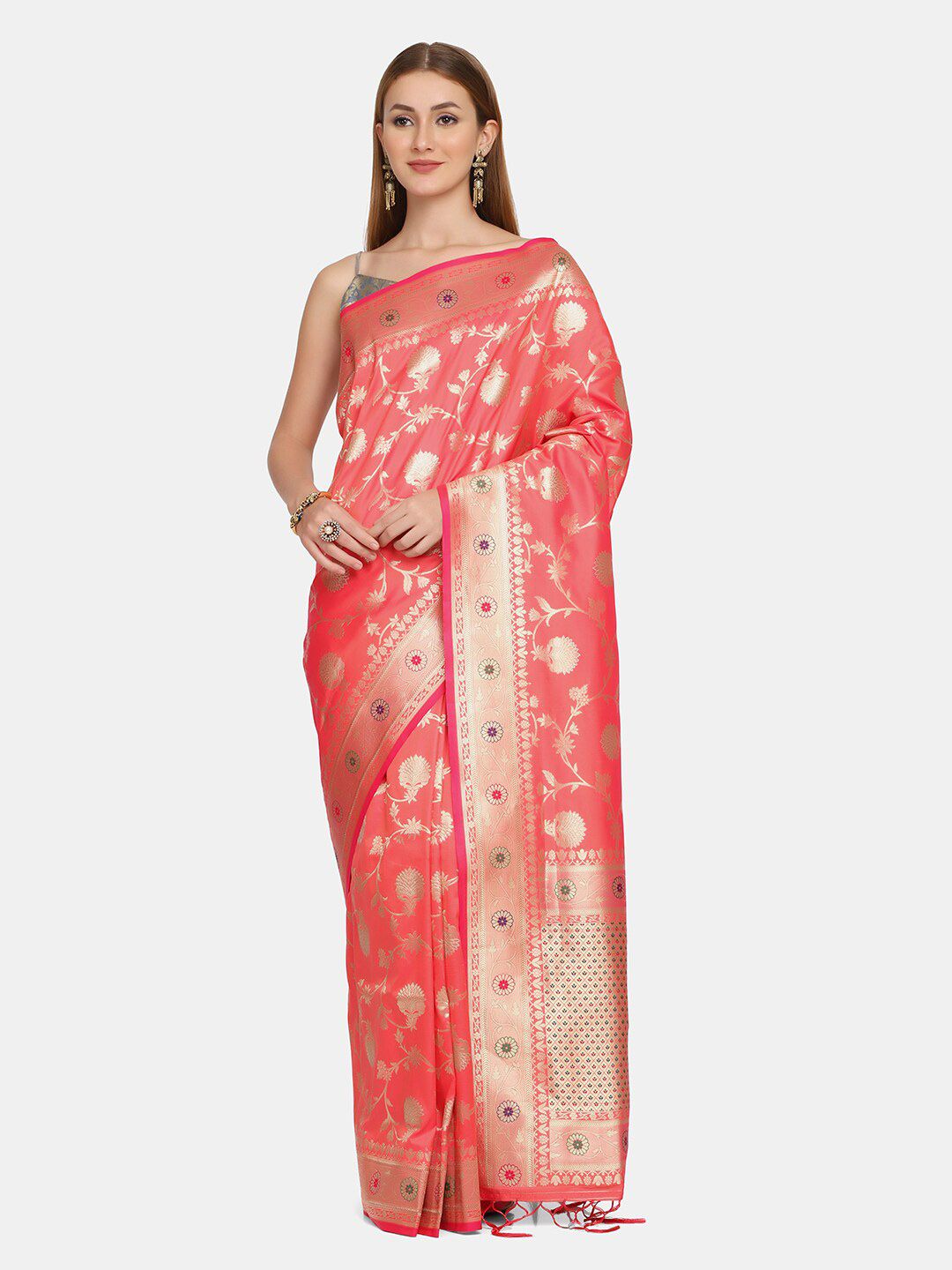 BOMBAY SELECTIONS Pink & Red Woven Design Zari Pure Silk Banarasi Saree Price in India