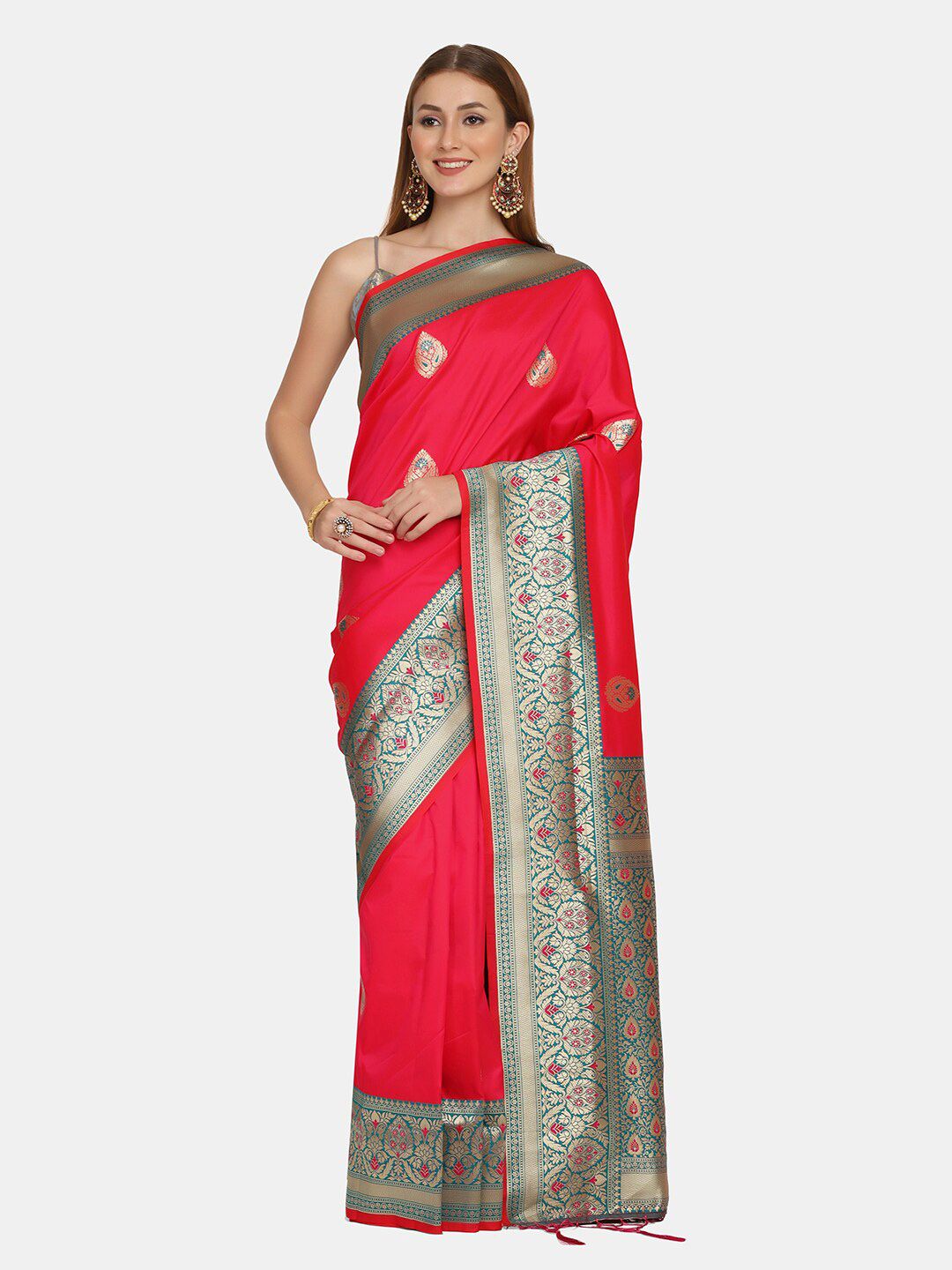 BOMBAY SELECTIONS Magenta & Green Woven Design Zari Pure Silk Banarasi Saree Price in India