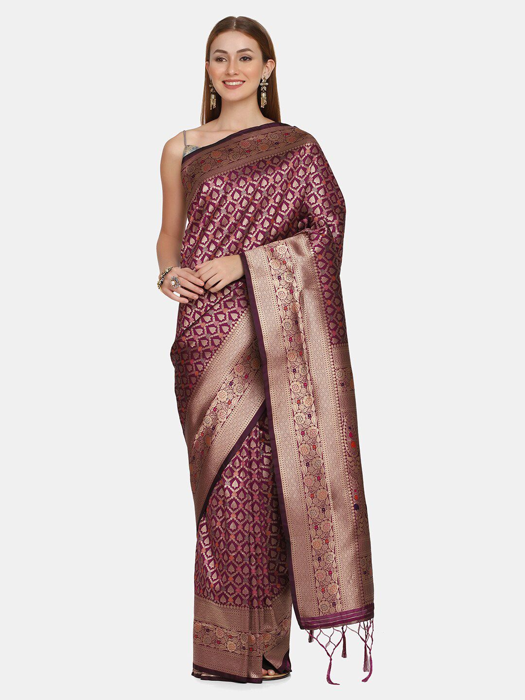 BOMBAY SELECTIONS Purple & Gold-Toned Floral Pure Silk Banarasi Saree Price in India