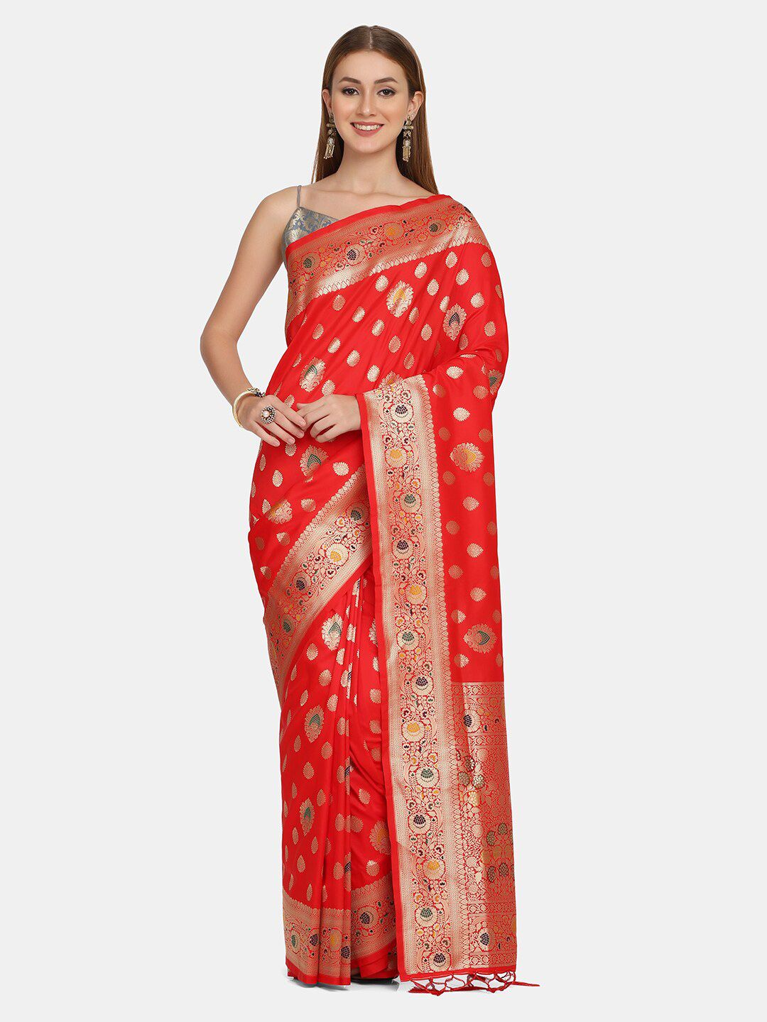 BOMBAY SELECTIONS Red & Gold-Toned Floral Pure Silk Banarasi Saree Price in India