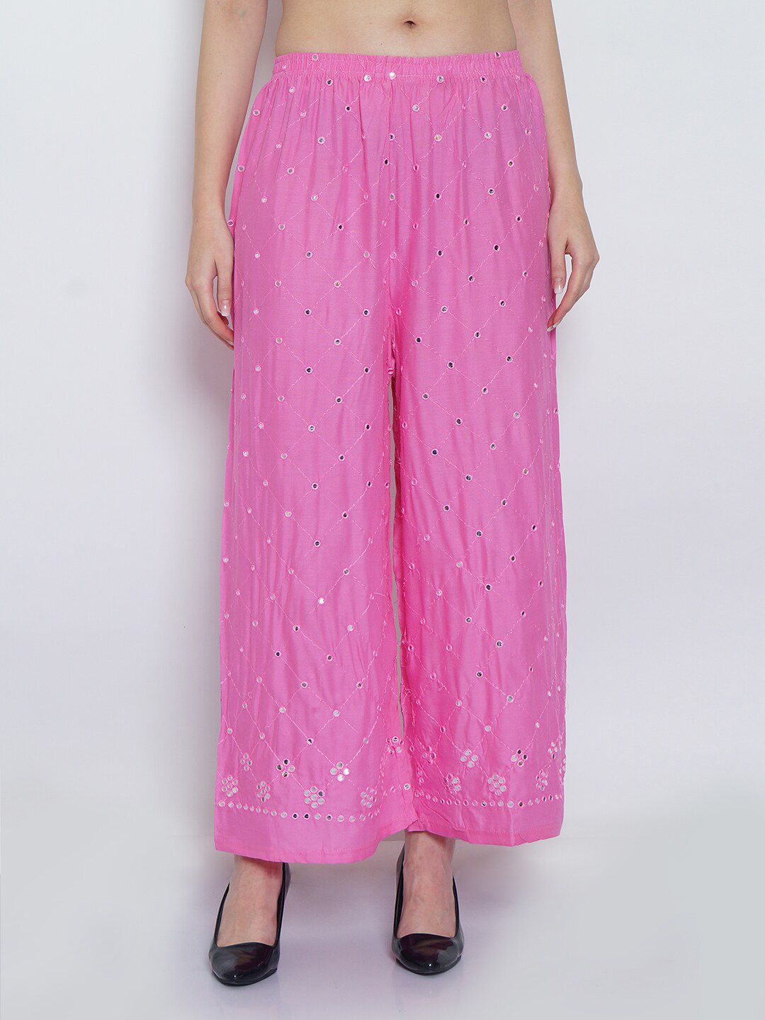 Jinfo Women Pink Embellished Flared Knitted Ethnic Palazzos Price in India