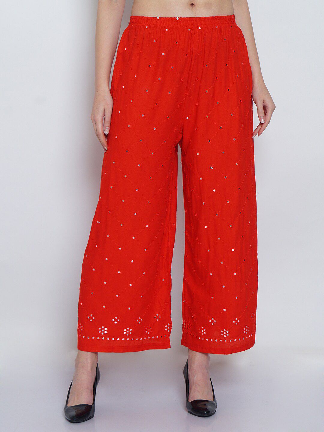 Jinfo Women Red Embellished Flared Knitted Ethnic Palazzos Price in India