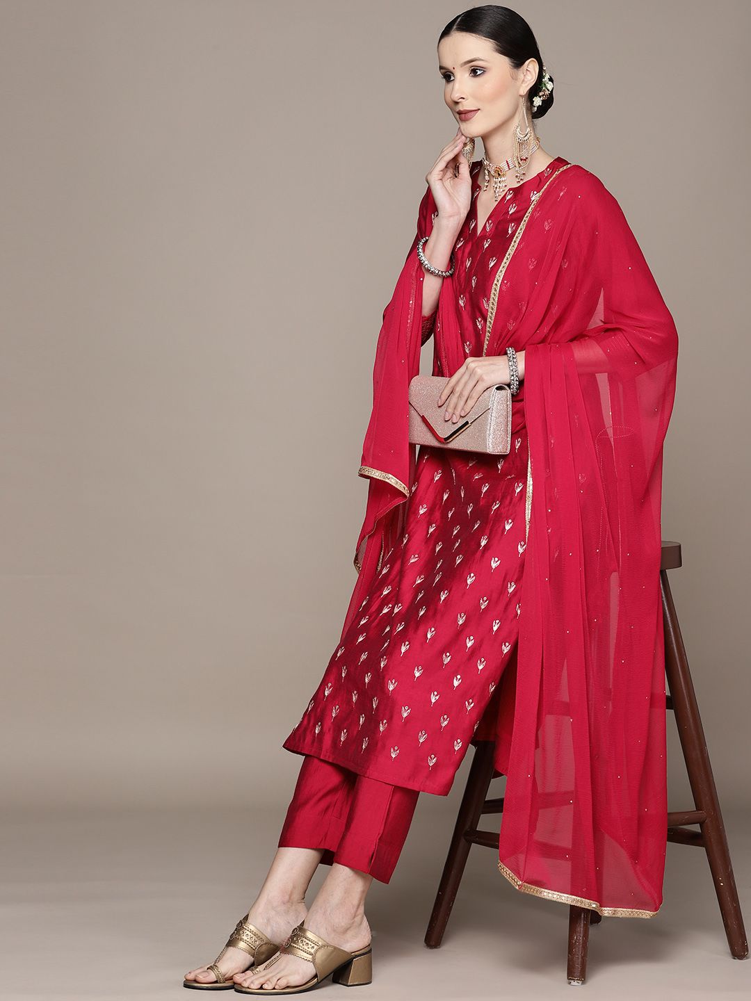 Ishin Red Floral Embroidered Kurta with Trousers & With Dupatta Price in India