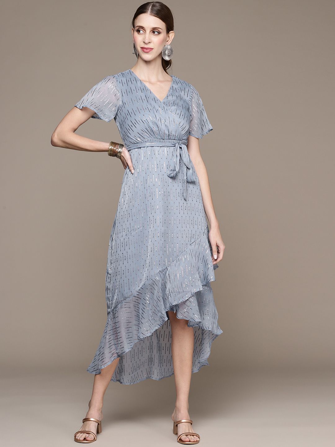 Ishin Blue & Silver Printed Flounce Asymmetric Hem Midi Dress Price in India