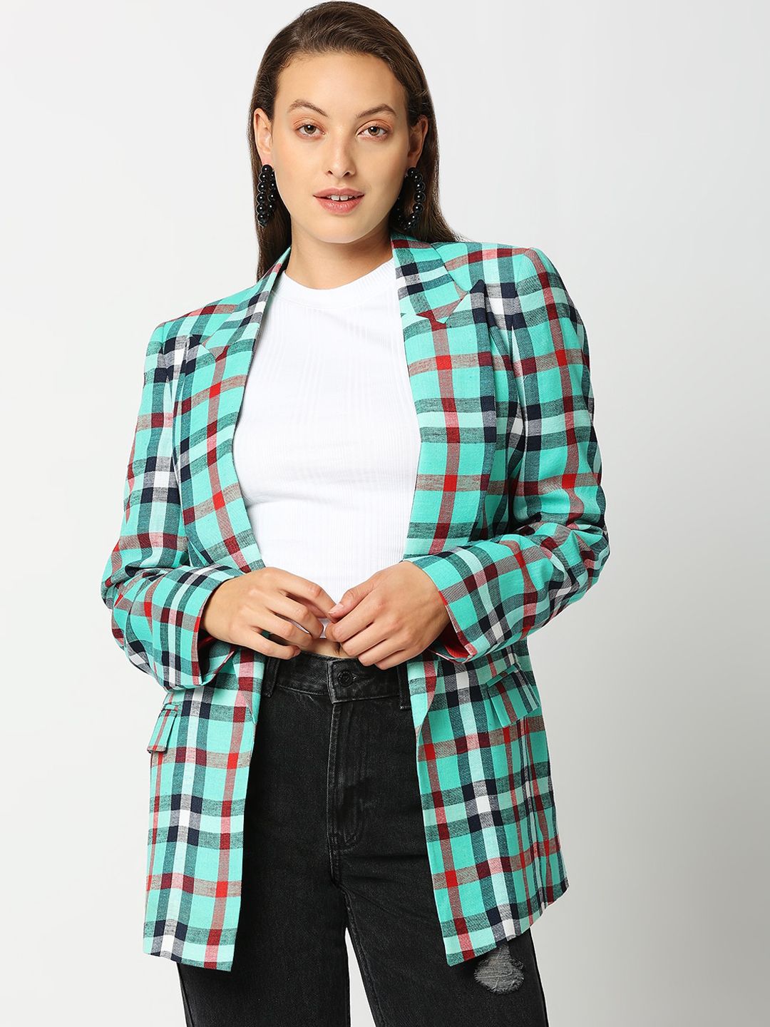 Remanika Women Green Checked Cotton Open Front Jacket Price in India