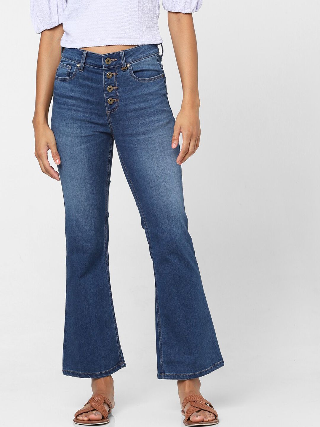 ONLY Women Blue Bootcut High-Rise Low Distress Light Fade Cotton Jeans Price in India