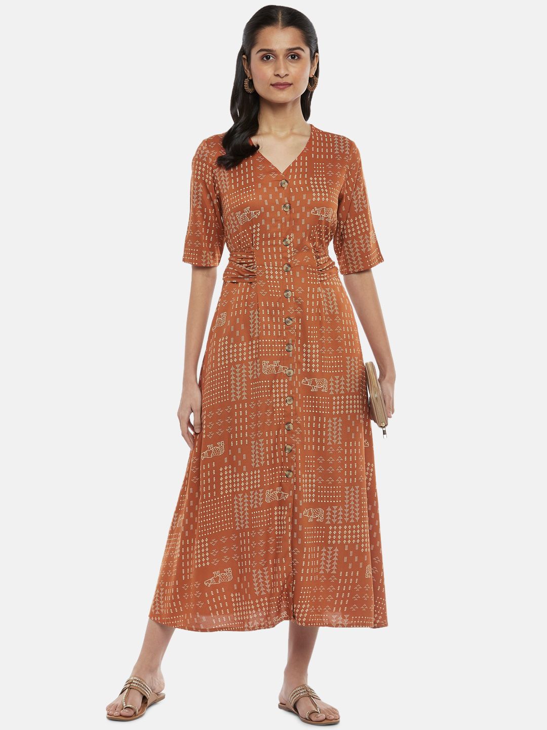 AKKRITI BY PANTALOONS Rust & White Printed A-Line Midi Dress Price in India