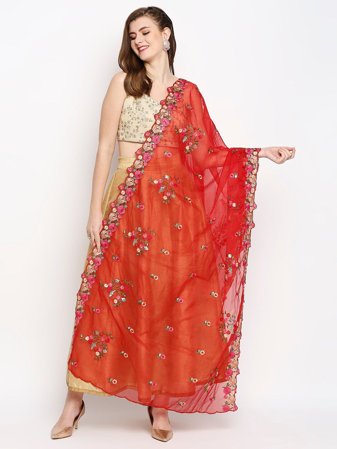 Dupatta Bazaar Red & Gold-Toned Embroidered Sequinned Organza Dupatta Price in India