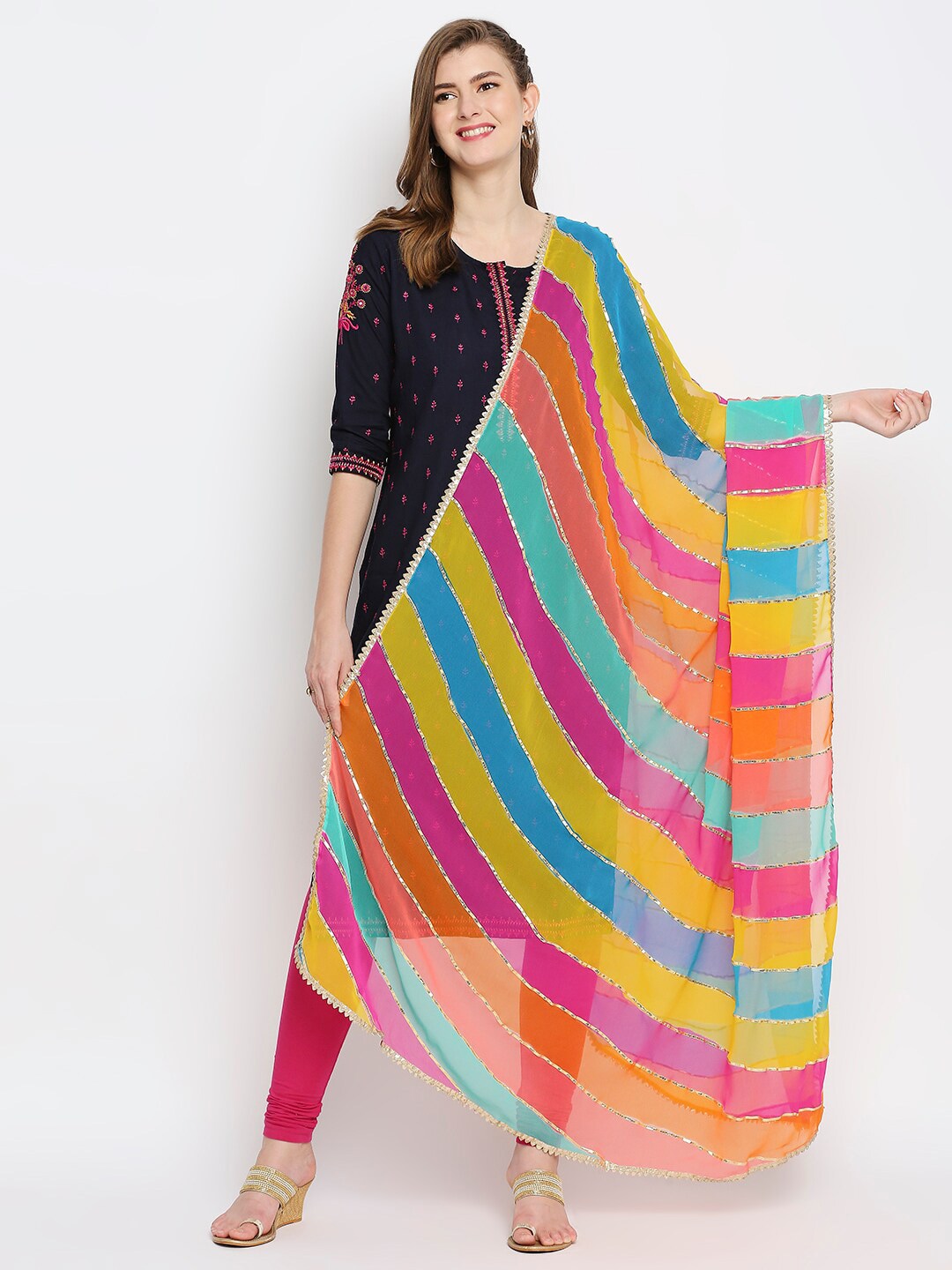Dupatta Bazaar Multicoloured Striped Chiffon Gotta Patti Dupatta Price in India