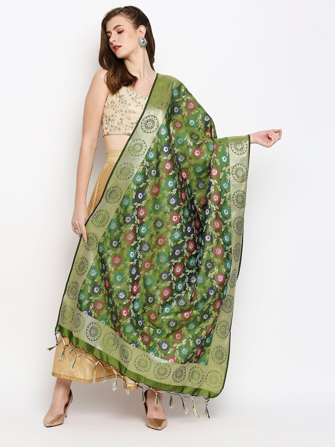 Dupatta Bazaar Olive Green & Gold-Toned Woven Design Dupatta Price in India