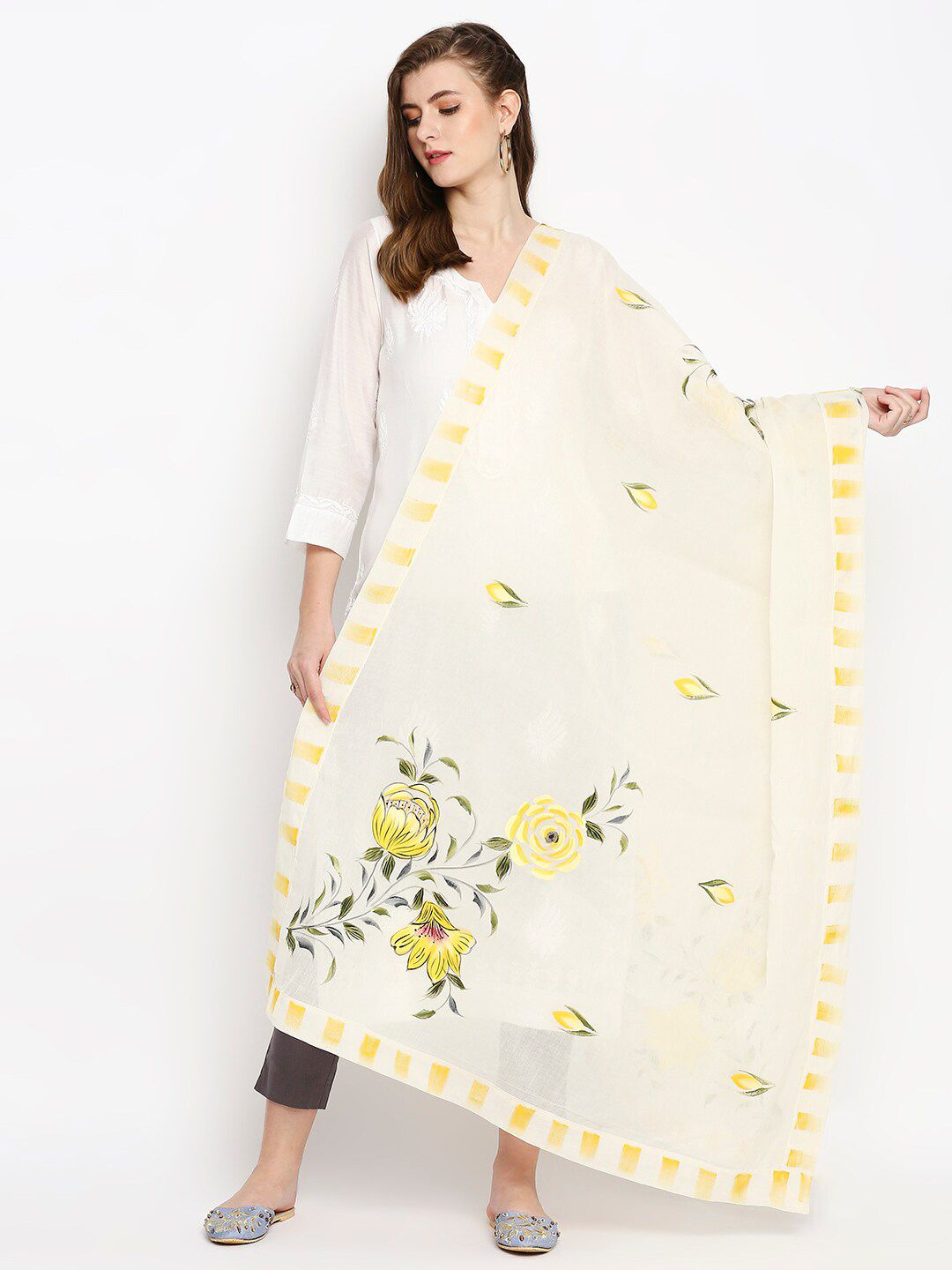 Dupatta Bazaar Cream-Coloured & Yellow Printed Pure Cotton Dupatta Price in India