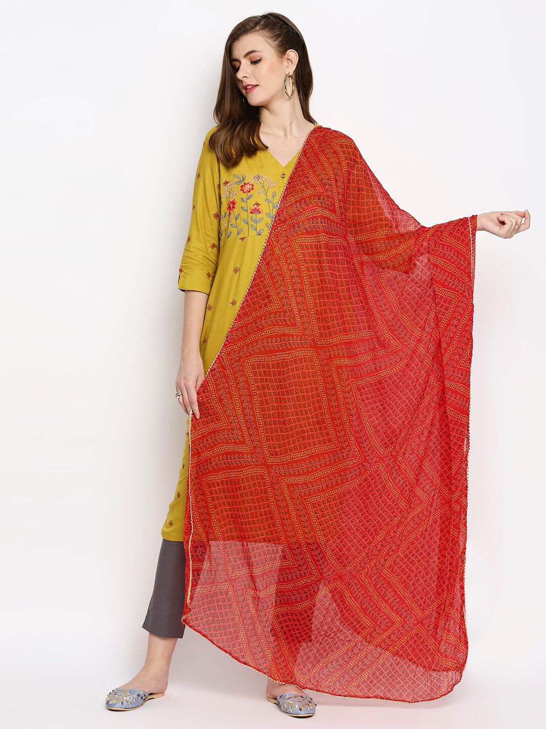 Dupatta Bazaar Red & White Printed Bandhani Dupatta