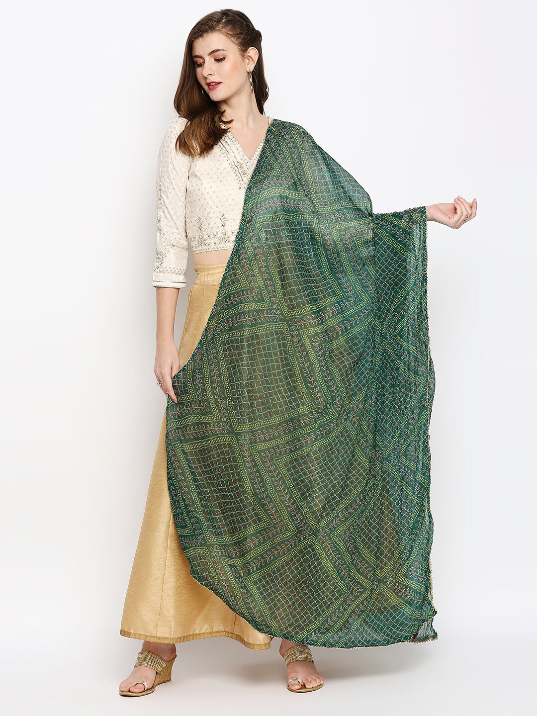 Dupatta Bazaar Green & Yellow Printed Chiffon Bandhani Dupatta Price in India