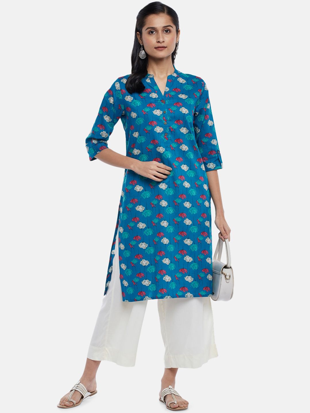 RANGMANCH BY PANTALOONS Women Blue & Red Floral Printed Cotton Straight Kurta Price in India