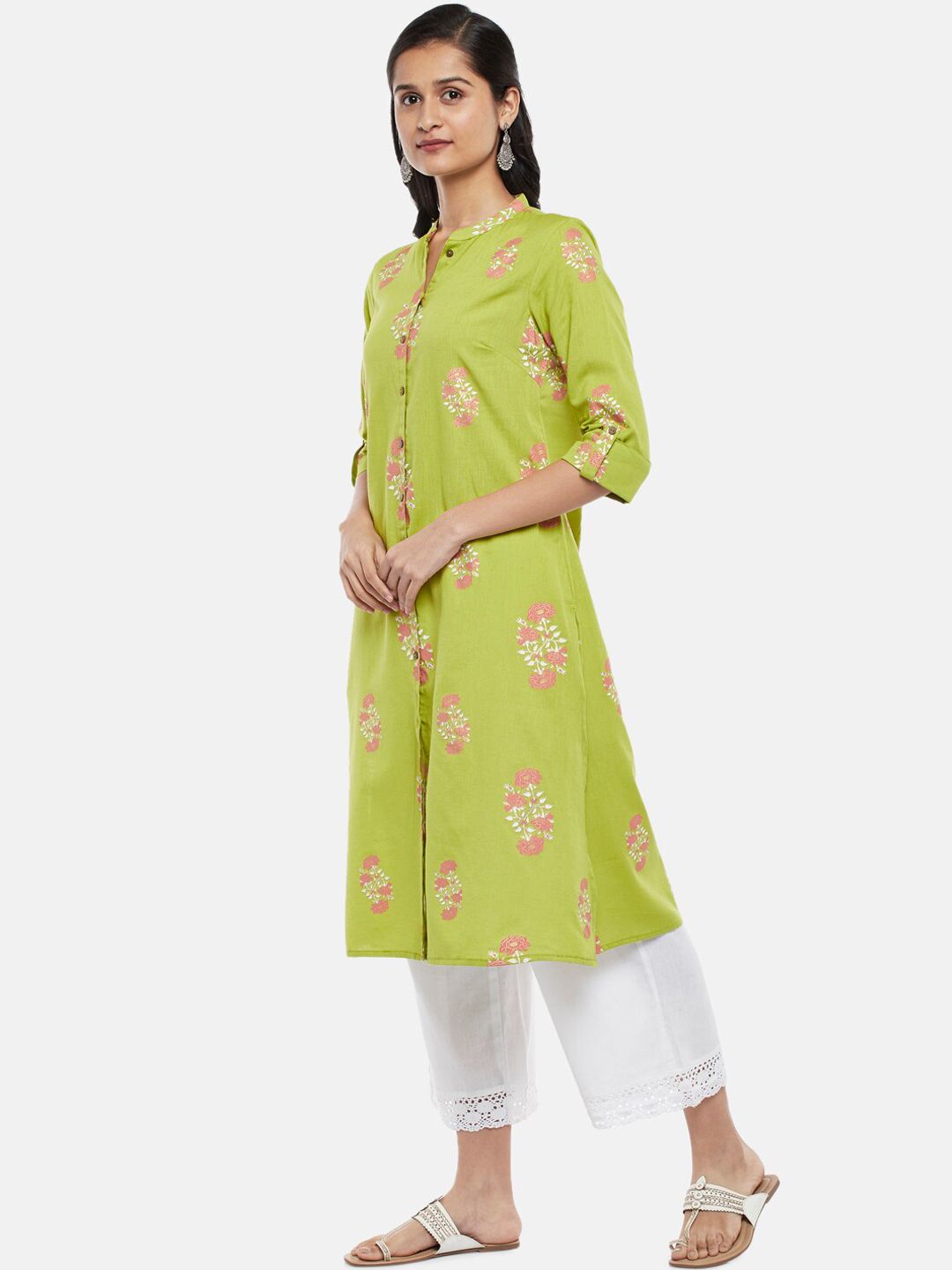 RANGMANCH BY PANTALOONS Women Lime Green & Pink Floral Printed Kurta Price in India