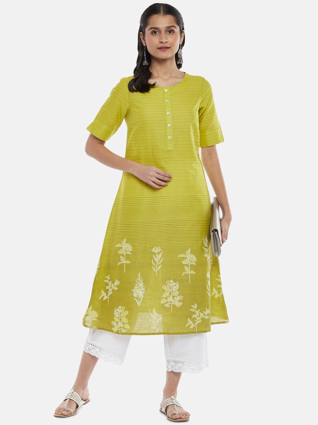 RANGMANCH BY PANTALOONS Women Lime Green Striped Kurta Price in India