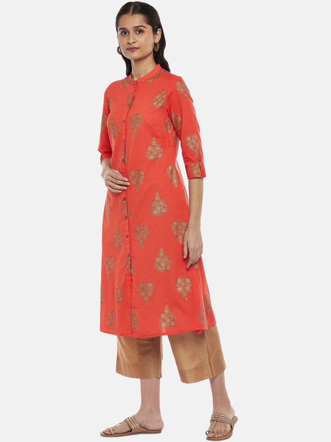 RANGMANCH BY PANTALOONS Women Coral Orange Ethnic Motifs Printed Kurta Price in India