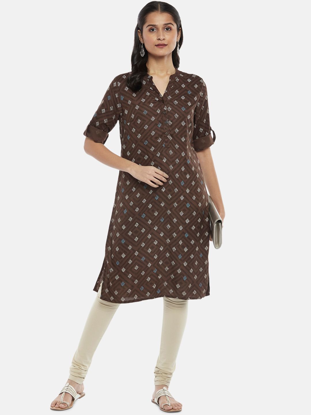 RANGMANCH BY PANTALOONS Women Brown & White Geometric Printed Kurta Price in India